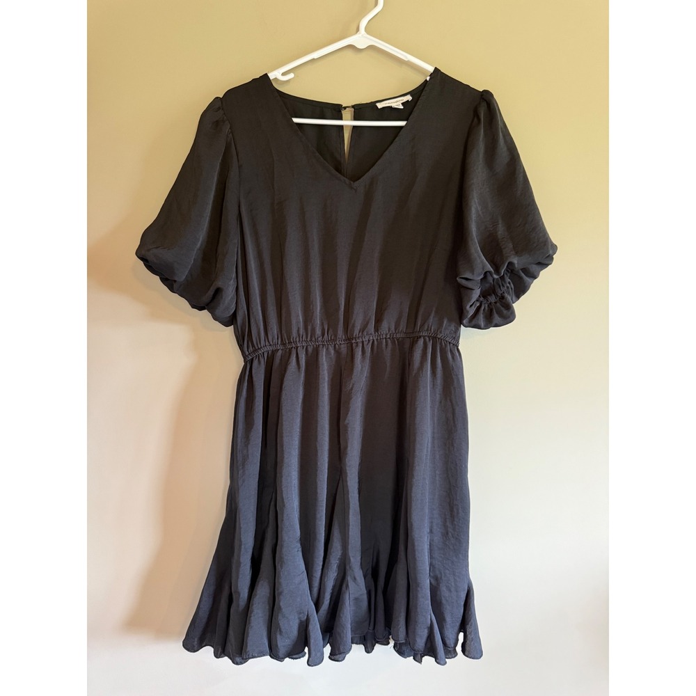 Mittoshop Black Puff Sleeve V-Neck Elastic Waist Ruffle Hem Mini Dress Large